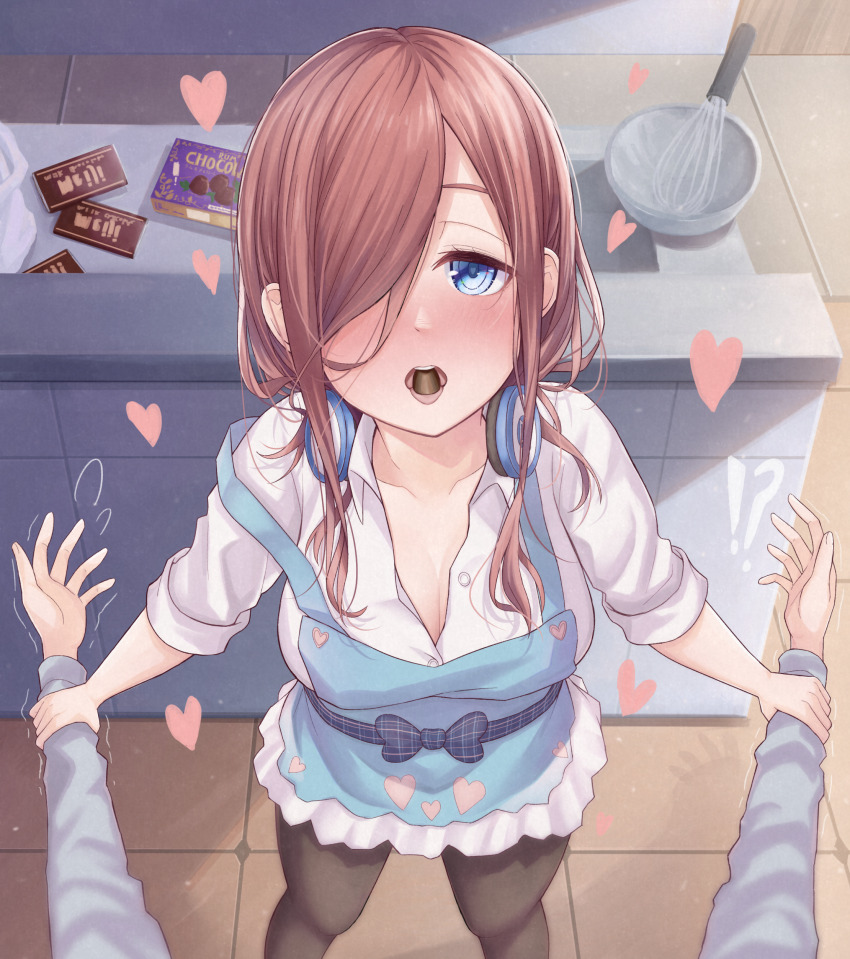 !? 1boy 1girl absurdres apron atorie black_pantyhose blue_apron blue_eyes blush breasts brown_hair chocolate cleavage collared_shirt commentary_request food_in_mouth go-toubun_no_hanayome hair_between_eyes hair_over_one_eye headphones headphones_around_neck heart highres holding_another&#039;s_wrist kitchen large_breasts long_hair long_sleeves looking_at_viewer mixing_bowl nakano_miku pantyhose partially_unbuttoned pov pov_hands shirt sleeves_rolled_up strap_slip trembling valentine waiting_for_kiss whisk white_shirt