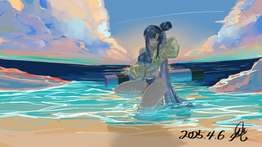 1girl absurdres beach bikini black_hair blue_bikini blue_eyes breasts cloud commission fate/grand_order fate_(series) hair_bun highres jacket jacket_over_swimsuit long_hair looking_at_viewer medium_breasts ocean outdoors parted_bangs shisbaku side_ponytail sidelocks single_hair_bun single_side_bun skeb_commission solo swimsuit ushiwakamaru_(fate) ushiwakamaru_(fate/grand_order) ushiwakamaru_(swimsuit_assassin)_(fate) ushiwakamaru_(swimsuit_assassin)_(first_ascension)_(fate) very_long_hair yellow_jacket