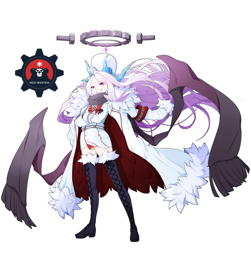 1girl absurdres alternate_costume armband black_boots black_gloves blue_archive boots bow bowtie cherino_(blue_archive) cherino_(blue_archive)_(cosplay) coat coat_on_shoulders commentary_request cosplay crossed_arms dress facial_hair floating_hair full_body fur-trimmed_boots fur-trimmed_coat fur_trim gloves grey_hair halo hat highres hina_(blue_archive) horns ice_horns koflif long_hair long_scarf looking_at_viewer multiple_horns mustache open_clothes open_coat purple_eyes red_armband red_bow red_bowtie scarf simple_background solo thigh_boots white_background white_coat white_dress white_hat
