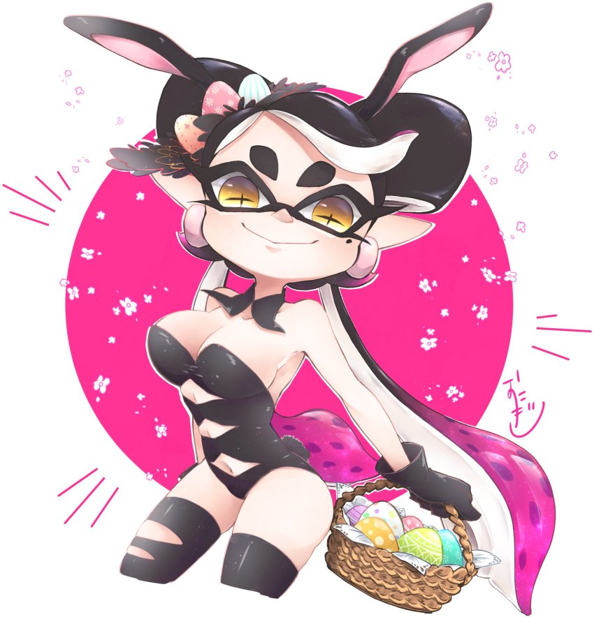 +_+ 1girl animal_ears artist_name basket black_collar black_gloves black_hair black_leotard black_thighhighs breasts brown_eyes callie_(splatoon) cleavage closed_mouth collar commentary cowboy_shot cropped_legs detached_collar earrings easter easter_egg egg english_commentary fake_animal_ears fake_tail gloves gradient_hair hair_ornament highres holding holding_basket inkling jewelry leotard long_hair looking_at_viewer medium_breasts mole mole_under_eye multicolored_hair navel nintendo okome_2g2g playboy_bunny pointy_ears purple_hair rabbit_ears rabbit_tail signature smile solo splatoon_(series) standing strapless strapless_leotard swept_bangs tail tentacle_hair thighhighs very_long_hair