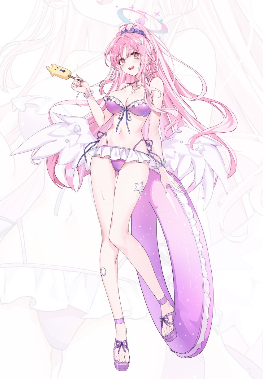 1girl absurdres alternate_costume alternate_hairstyle b_soyo1 bare_arms bare_shoulders bikini bikini_skirt blue_archive breasts cleavage feathered_wings food hair_ornament hair_scrunchie highres holding holding_food holding_popsicle holding_swim_ring innertube looking_at_viewer mika_(blue_archive) pink_hair ponytail popsicle purple_bikini purple_sandals purple_scrunchie sandals scrunchie solo standing swim_ring swimsuit toes wings yellow_eyes