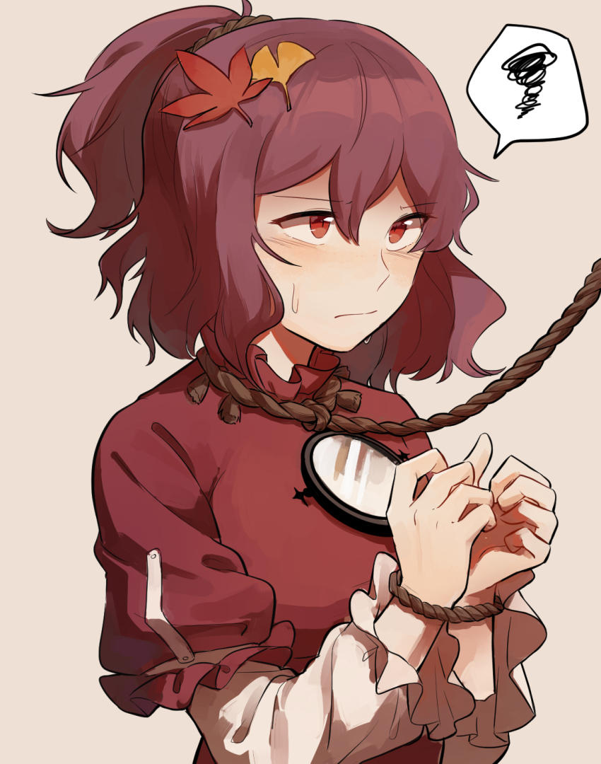 1girl bound bound_wrists highres keiko_(emoticon) mirror purple_hair red_eyes red_shirt rope shirt solo sweat touhou upper_body wavy_hair yasaka_kanako