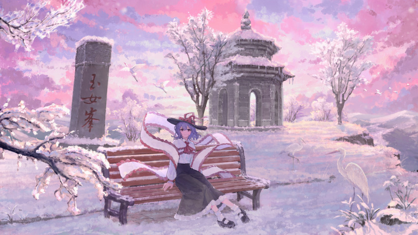 1girl ankle_socks arm_support ascot bare_tree bench bird black_hat black_shoes black_skirt bow capelet cliff cloud cloudy_sky collared_shirt column commentary day er_yi_zhi flamingo frilled_capelet frilled_shawl frilled_shirt frilled_skirt frilled_sleeves frills gazebo hagoromo hair_between_eyes hand_on_bench hat hat_bow hat_ribbon highres icicle knees_together_feet_apart light_smile long_skirt long_sleeves looking_afar looking_to_the_side mary_janes medium_hair mountain nagae_iku on_bench outdoors park_bench pillar pink_clouds pink_hair red_ascot red_bow red_eyes red_ribbon red_sleeve_cuffs red_trim ribbon scenery shawl shirt shirt_tucked_in shoes sitting skirt sky snow socks solo stone_building sun_hat touhou tree wavy_hair white_capelet white_shawl white_shirt white_socks winter
