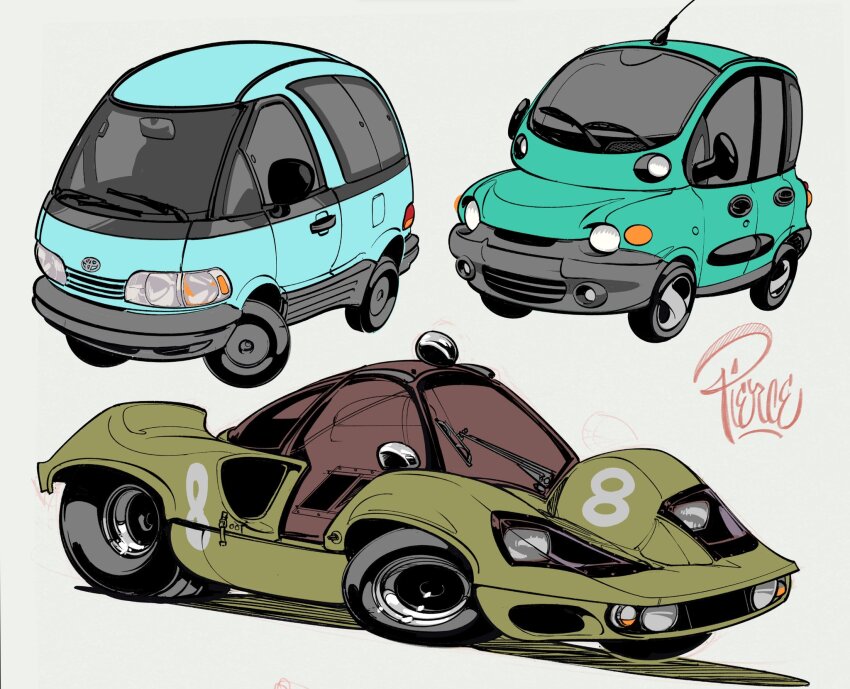 aqua_car artist_name blue_car car chibi commentary english_commentary fiat fiat_multipla green_car highres marcos_mantis_xp motor_vehicle no_humans original race_vehicle racecar radio_antenna shadow toyota toyota_estima van vehicle_focus will_pierce