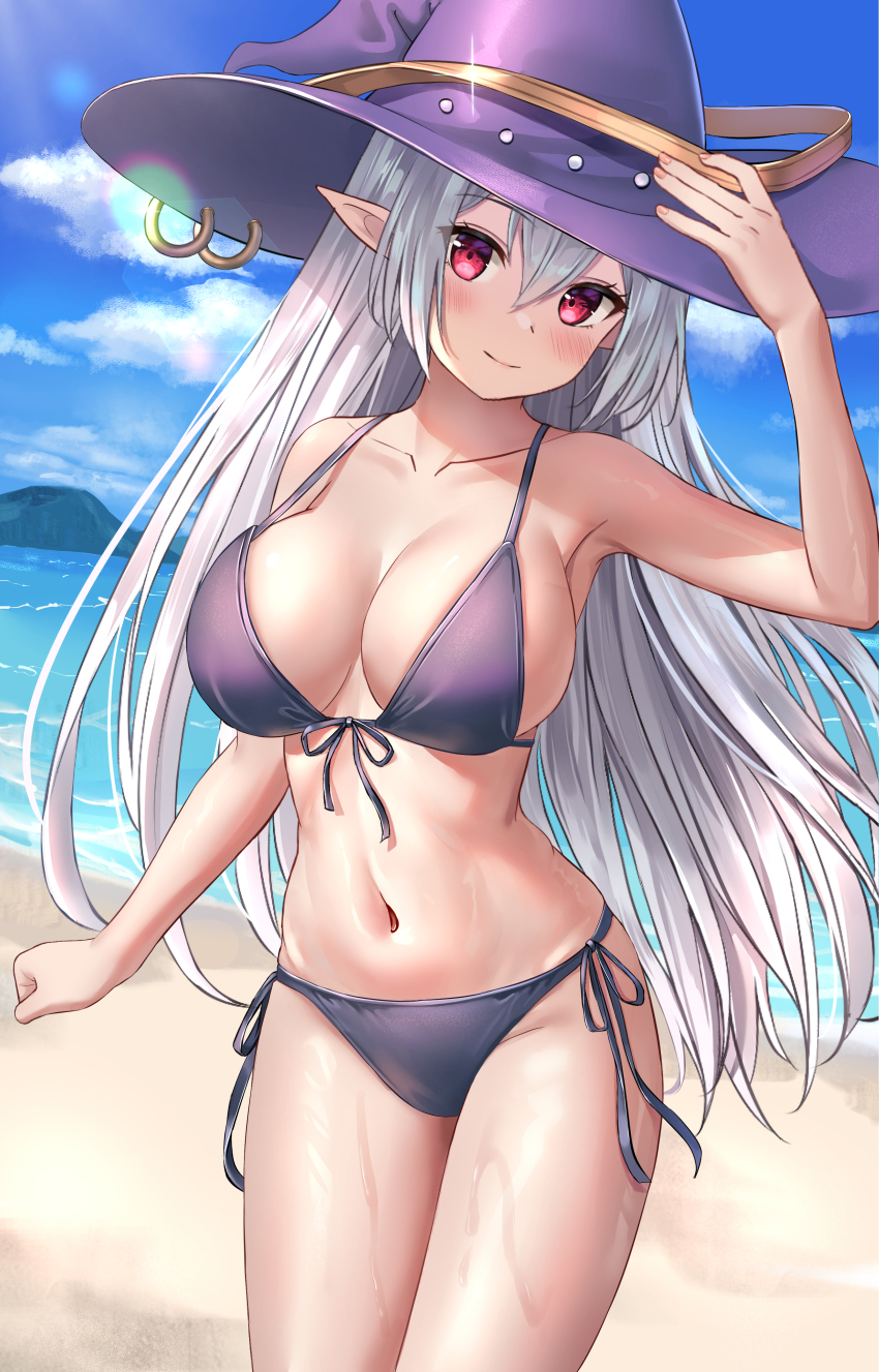 1girl absurdres armpits beach bikini blue_sky blush breasts cleavage clenched_hand closed_mouth collarbone commission day elf grey_hair hair_between_eyes hand_on_headwear hat highres lens_flare looking_at_viewer medium_breasts navel nay ocean original outdoors pointy_ears purple_bikini red_eyes revision short_shorts shorts sky smile solo standing swimsuit wet witch_hat