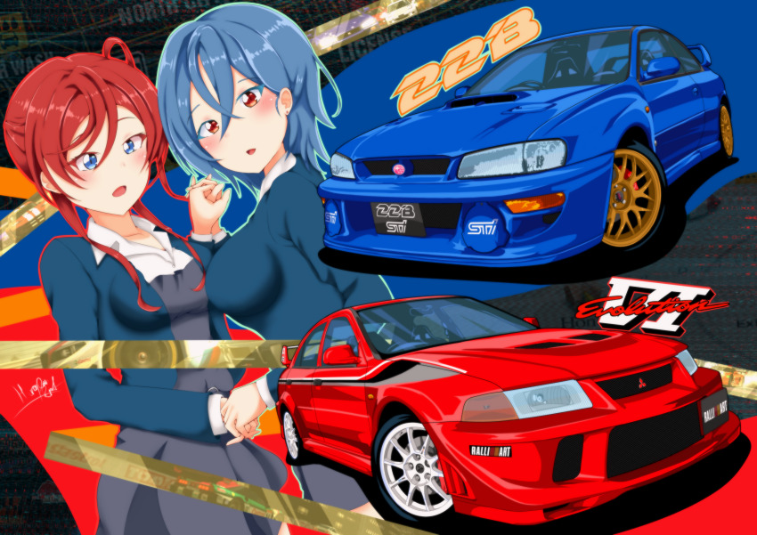 2girls absurdres blue_hair blue_jacket blush breasts car collared_shirt commentary dress english_commentary from_side grey_dress hair_behind_ear highres holding_hands jacket looking_at_viewer looking_down love_live! love_live!_superstar!! medium_breasts medium_hair mitsubishi_lancer_evolution mitsubishi_motors motor_vehicle multiple_girls open_mouth perflatte pinafore_dress red_hair shirt signature sleeveless sleeveless_dress subaru_(brand) subaru_impreza surprised vehicle_focus wakana_shiki white_shirt yoneme_mei
