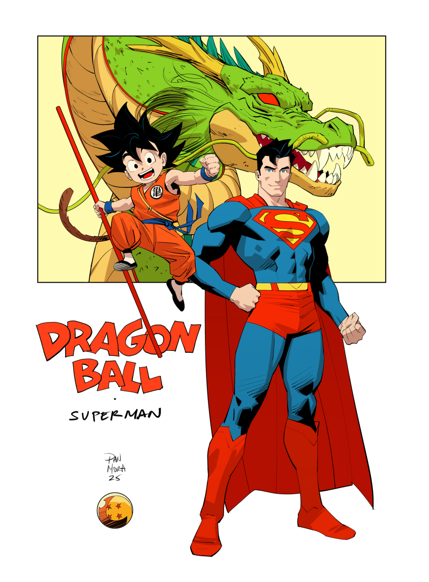 2boys absurdres antlers artist_name belt black_eyes black_hair black_slippers blue_bodysuit blue_eyes blue_sash blue_wrist_cuffs bo_staff bodysuit boots cape child closed_mouth commentary copyright_name covered_abs crossover dan_mora dc_comics dougi dragon dragon_ball dragon_ball_(object) eastern_dragon english_commentary fangs full_body hand_on_own_hip highres holding holding_staff holding_weapon horns looking_at_viewer male_focus monkey_tail multiple_boys muscular muscular_male no_pupils open_mouth orange_dougi red_boots red_cape red_eyes red_shorts ruyi_jingu_bang sash sharp_teeth shenron_(dragon_ball) short_hair shorts skin_tight slippers smile son_goku spiked_hair staff superhero_costume superman superman_(series) superman_logo tail teeth very_short_hair weapon whiskers white_background wrist_cuffs yellow_belt