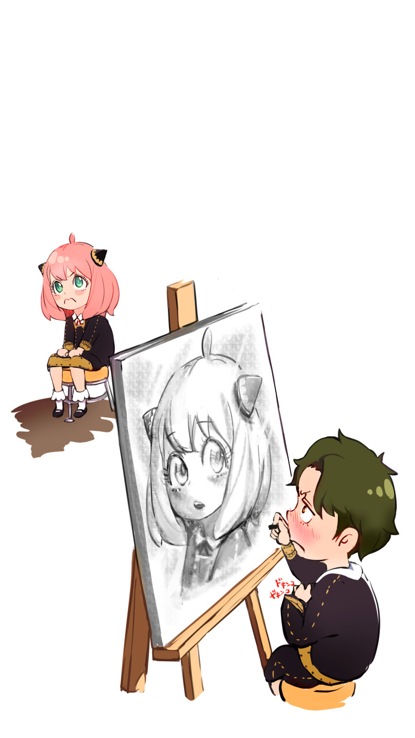 1boy 1girl absurdres ahoge anya_(spy_x_family) black_footwear blush charcoal_(medium) child closed_mouth collared_shirt commentary damian_desmond dot_nose drawing_(action) easel eden_academy_school_uniform forehead frown full_body green_eyes green_hair hairpods hand_up higemu highres looking_up mary_janes pink_hair portrait school_uniform shirt shoes simple_background sitting socks spread_legs spy_x_family stool teeth upper_teeth_only v-shaped_eyebrows white_background white_hair white_socks