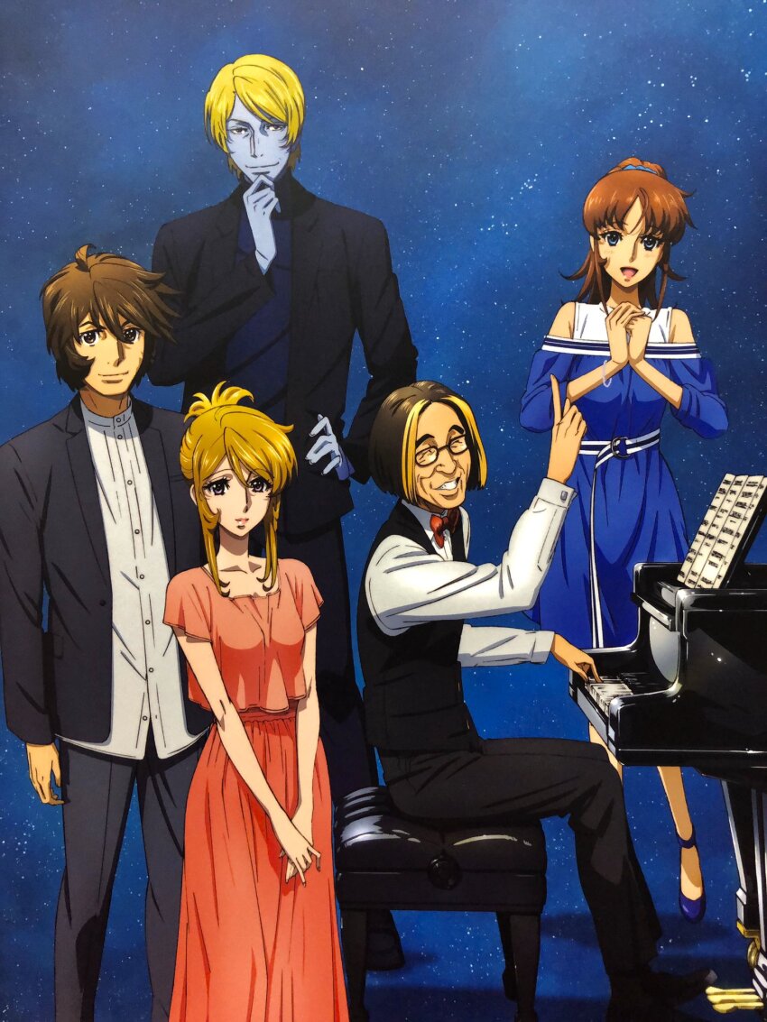 2girls 3boys alien black_suit blue_skin character_request closed_mouth colored_skin desler formal_clothes habara_nobuyoshi highres instrument long_hair looking_at_viewer miyagawa_akira mori_yuki multiple_boys multiple_girls official_art open_mouth piano real_life smile space star_(sky) suit uchuu_senkan_yamato uchuu_senkan_yamato_2199 yamamoto_akira