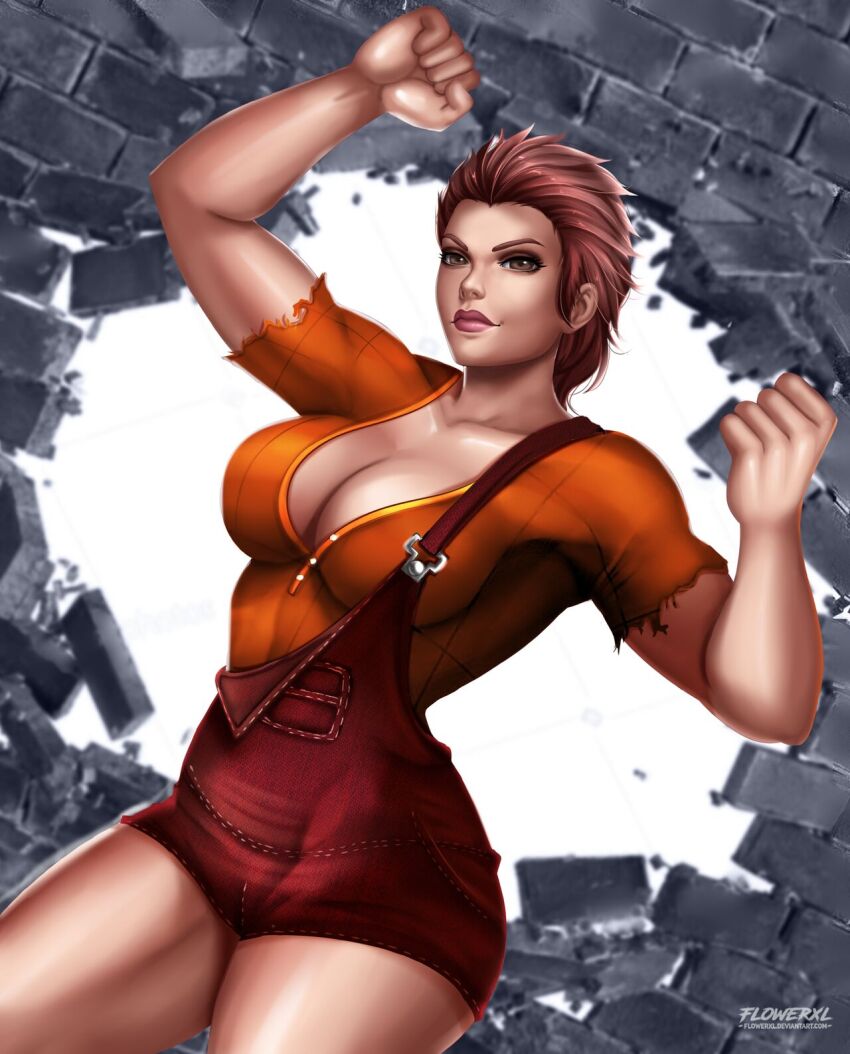1girl biceps breasts brick_wall broken_wall brown_eyes brown_hair cleavage disney flowerxl genderswap genderswap_(mtf) highres large_breasts looking_at_viewer muscular muscular_female narrow_waist orange_shirt pale_skin pants pink_lips ralph_breaks_the_internet red_pants shirt short_hair standing strong_woman suspenders watermark wreck-it_ralph wreck-it_ralph_(character)