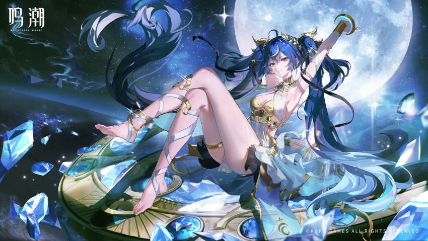 1girl absurdres ahoge ancient_greek_clothes arm_up armlet armpits bare_shoulders barefoot black_skirt blue_eyes blue_hair breasts character_name full_moon gold_bra greco-roman_clothes hair_belt highres iuno_(wuthering_waves) jewelry laurel_crown leg_wrap logo long_hair looking_at_viewer medium_breasts miniskirt moon multicolored_hair official_art parted_lips showgirl_skirt skirt solo streaked_hair tacet_mark_(wuthering_waves) twintails wuthering_waves