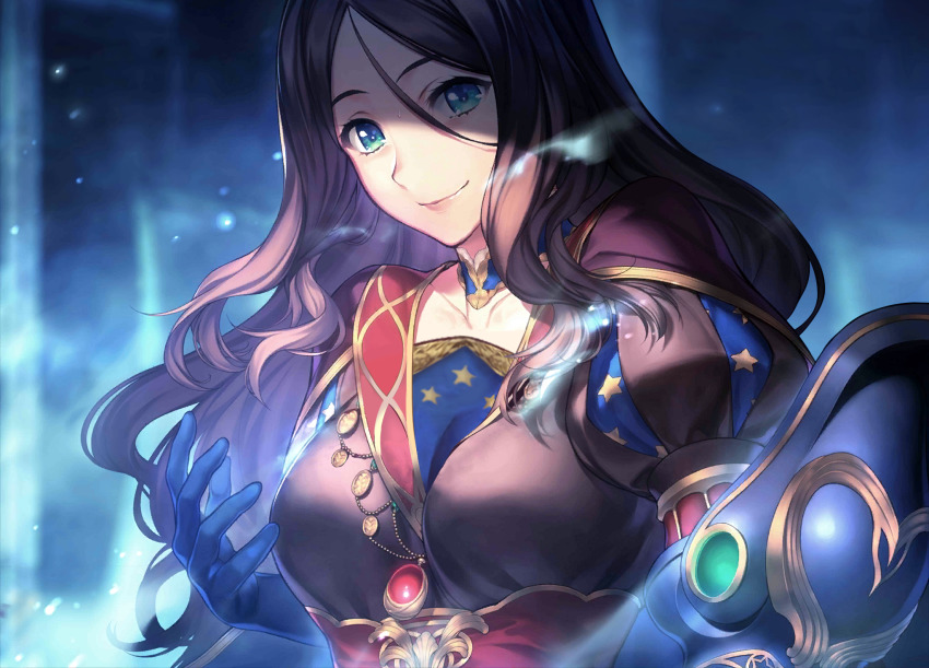 1girl bad_id bad_pixiv_id blue_choker blue_eyes blue_gloves blurry blurry_background brown_hair choker closed_mouth collarbone fate/grand_order fate_(series) gloves gustavoribeiro hair_between_eyes highres leonardo_da_vinci_(fate) long_hair looking_at_viewer official_art parted_bangs simosi smile solo straight_hair upper_body