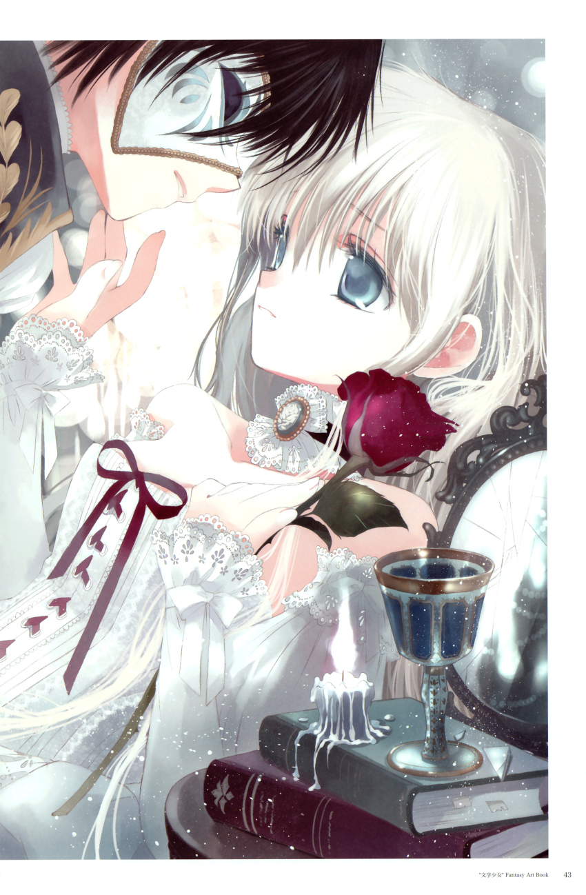 1boy 1girl absurdres amano_tooko bare_shoulders black_hair blue_eyes book bungaku_shoujo candle choker cup detached_sleeves dress flower hato_rami highres inoue_konoha long_hair mask neck_ribbon ribbon rose short_hair wax