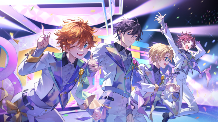 4boys absurdres akehoshi_subaru arm_up black_hair blonde_hair blue-framed_eyewear blue_eyes closed_eyes confetti ensemble_stars! glasses green_eyes hidaka_hokuto highres idol index_finger_raised isara_mao kongzao long_sleeves looking_at_viewer multiple_boys official_alternate_costume one_eye_closed open_mouth orange_hair outstretched_arm smile stage_lights teeth upper_teeth_only yuuki_makoto_(ensemble_stars!)