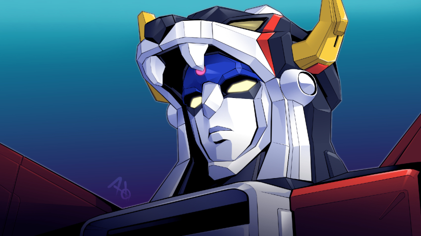 blue_background golion_(mecha) gradient_background hyakujuu-ou_golion looking_up matayoshi_(nopple_1000) mecha no_humans portrait robot science_fiction solo super_robot yellow_eyes