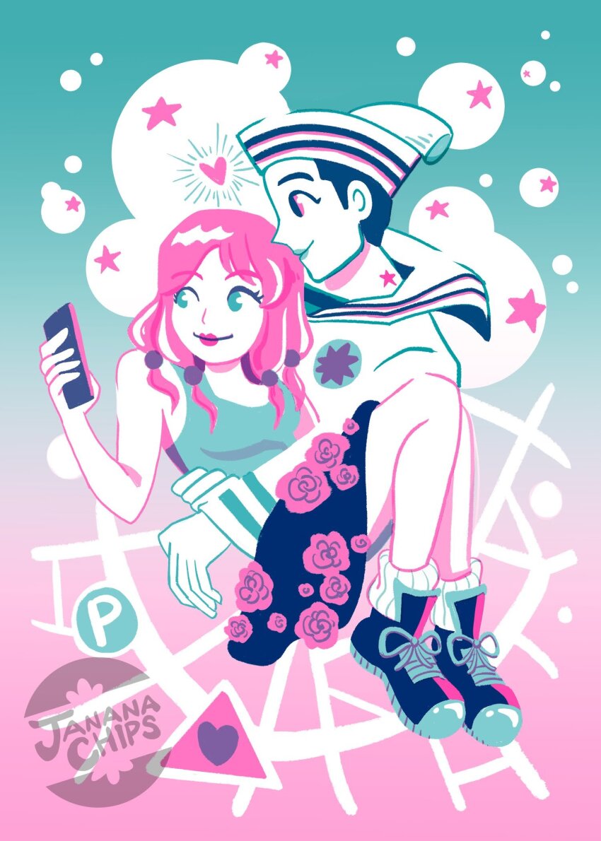 1boy 1girl birthmark black_boots black_hair black_skirt blue_shirt boots cellphone dixie_cup_hat flower green_eyes hat heart higashikata_josuke_(jojolion) highres hirose_yasuho holding holding_phone hug jananachips joestar_birthmark jojo_no_kimyou_na_bouken jojolion long_hair map military_hat minimalism phone pink_eyes pink_flower pink_hair pink_lips sailor_collar sailor_hat shirt short_hair skirt sleeveless sleeveless_shirt smartphone socks star_(symbol) white_hat white_sailor_collar white_shirt white_socks