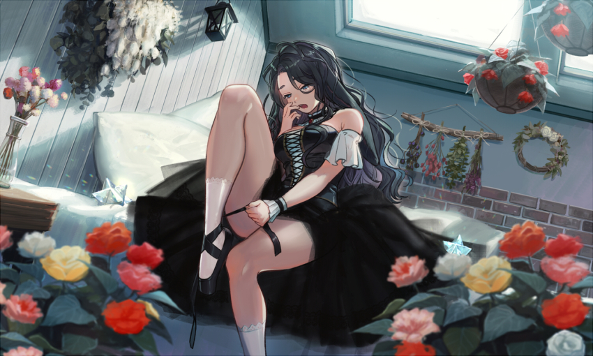 1girl ballet_slippers bed black_hair blue_eyes cross-laced_clothes detached_collar detached_sleeves dress dutch_angle flower flower_pot freestyle18 hanging_plant lantern leaf legs long_hair open_mouth original pillow ribbon_shoes rose single_tear sitting skylight socks tearing_up teeth vase white_legwear window wreath wrist_cuffs yawning