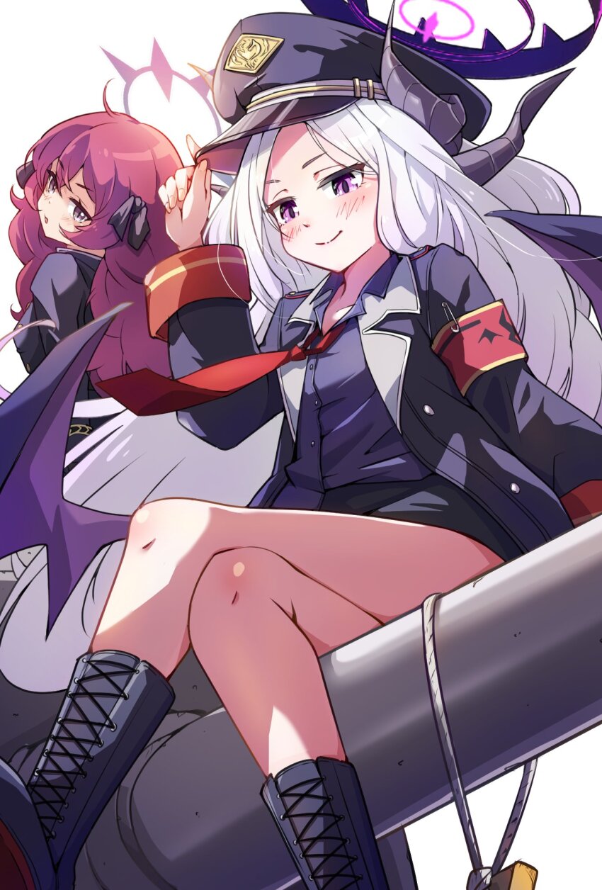 2girls ahoge armband black_coat black_halo black_hat blue_archive blush coat cosplay costume_switch gehenna_academy_logo halo hat highres hina_(blue_archive) hina_(blue_archive)_(cosplay) iroha_(blue_archive) iroha_(blue_archive)_(cosplay) long_hair military_vehicle mosuke1221 motor_vehicle multiple_girls purple_eyes red_armband red_hair red_halo simple_background sitting tank tiger_ii white_background white_hair
