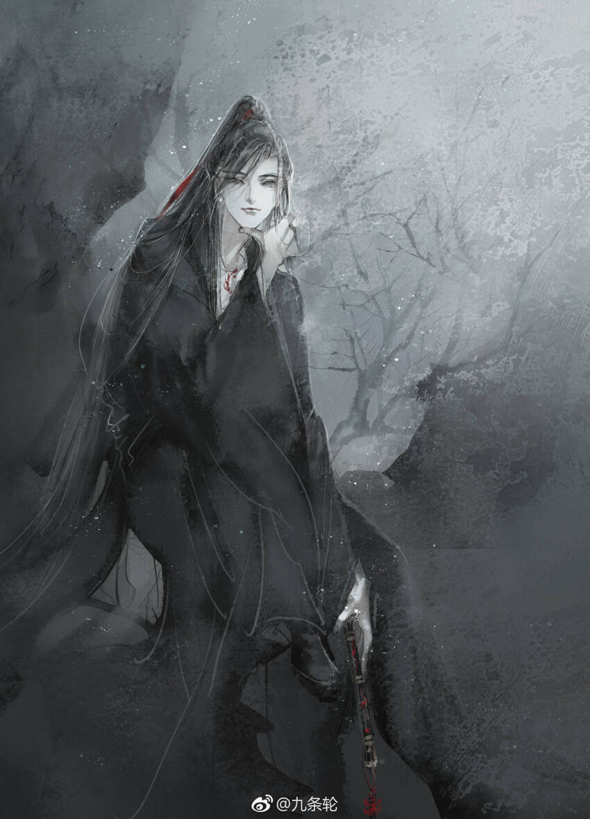 1boy bare_tree black_boots black_hair black_hanfu boots chest_tattoo chinese_clothes closed_mouth faux_traditional_media flute grey_eyes hair_ribbon hand_on_own_chin hanfu high_ponytail highres holding holding_flute holding_instrument ink_wash_painting instrument kcllzas163 light_particles long_hair long_sleeves looking_at_viewer male_focus modao_zushi monochrome outdoors ponytail red_ribbon ribbon robe rock sitting smile solo spot_color tattoo third-party_source tree very_long_hair watermark wei_wuxian weibo_watermark wide_sleeves