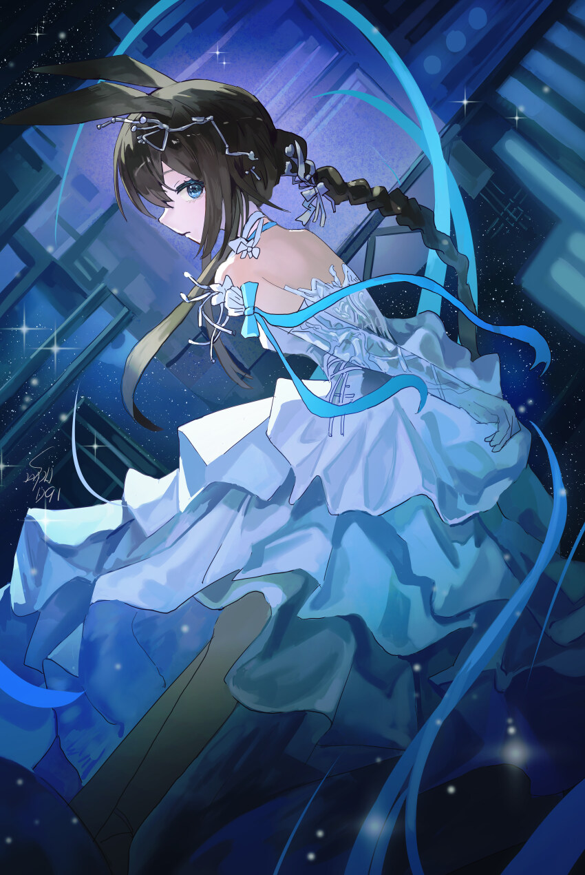 1girl absurdres amiya_(arknights) animal_ears arknights bare_shoulders blue_choker blue_eyes blue_ribbon braid brown_hair choker dress elbow_gloves from_side gloves highres looking_at_viewer open_mouth rabbit_ears rabbit_girl ribbon saraph_se_la single_braid solo strapless strapless_dress white_dress white_gloves