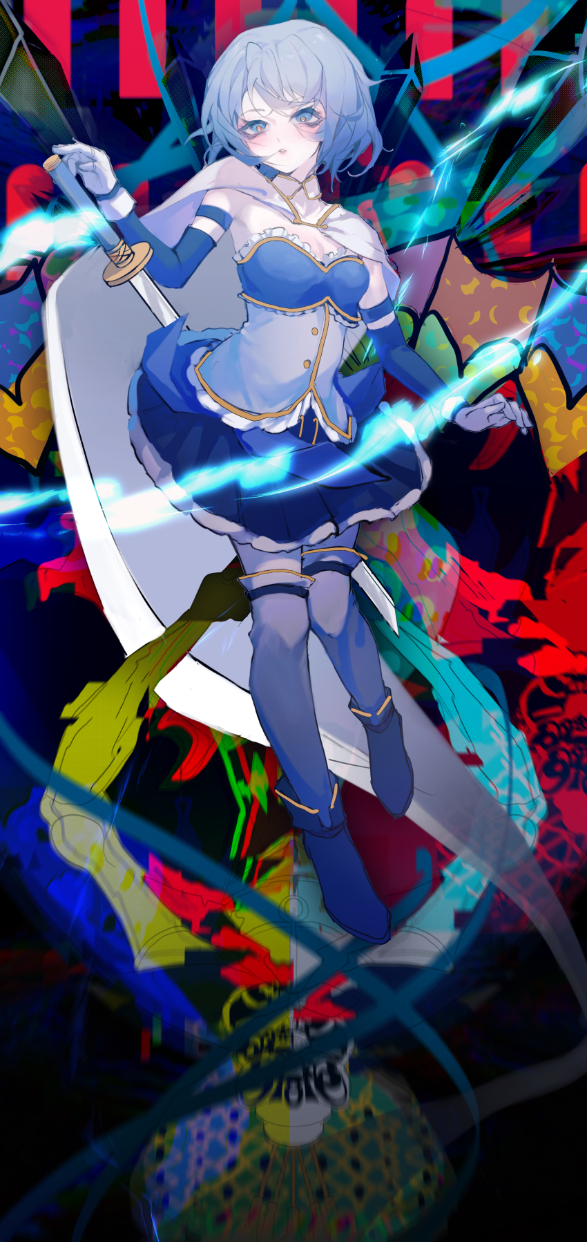 1girl abstract_background absurdres ahehehe blue_boots blue_eyes blue_hair blush boots cape frills gloves highres magical_girl mahou_shoujo_madoka_magica mahou_shoujo_madoka_magica_(anime) miki_sayaka miki_sayaka_(magical_girl) oktavia_von_seckendorff pleated_skirt short_hair skirt solo sword weapon white_cape white_gloves
