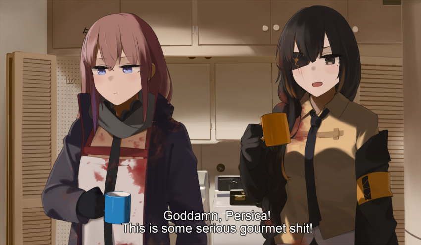 2girls black_gloves black_hair black_necktie blood blood_on_clothes blue_eyes braid collared_shirt cup dress english_text eyepatch girls&#039;_frontline gloves hair_between_eyes highres hinami047 holding holding_cup holding_cup indoors jacket jacket_partially_removed kitchen long_hair m16a1_(girls&#039;_frontline) meme mole mole_under_eye mug multiple_girls necktie open_mouth parody pink_hair profanity pulp_fiction scar scar_on_face scarf scene_reference shirt single_braid st_ar-15_(girls&#039;_frontline) subtitled upper_body white_dress yellow_shirt