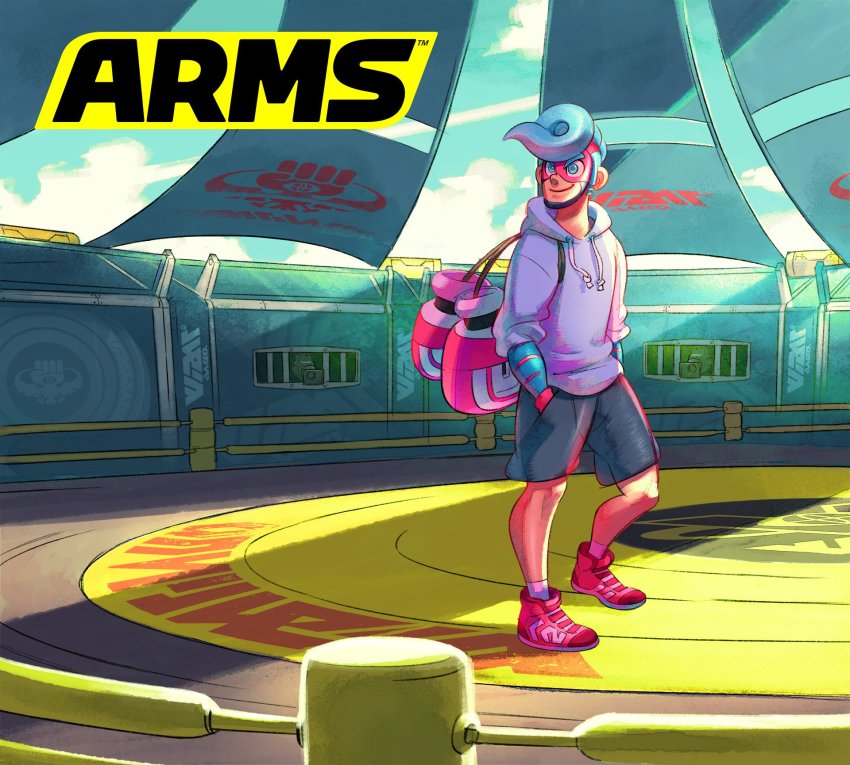 1boy arms_(game) blue_eyes blue_hair boxing_gloves casual closed_mouth hands_in_pockets highres hood hoodie logo male_focus official_art pompadour shoes shorts smile sneakers solo spring_man_(arms) stadium sunrise toaster_(arms) yamamoto_yuu