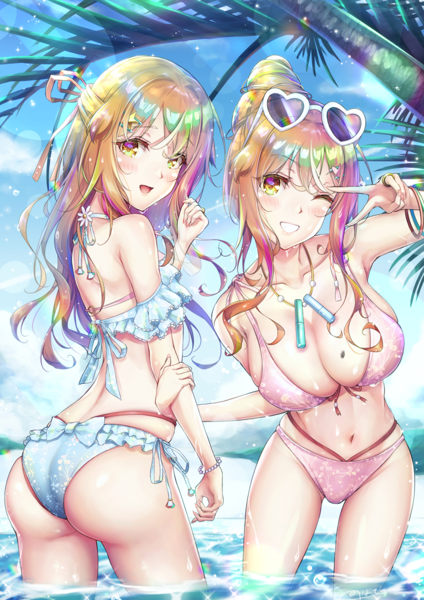 1boy 1girl ass bare_shoulders bikini blonde_hair blush bow breasts brother_and_sister cleavage from_behind grin hair_bun heart heart-shaped_eyewear highres huge_ass large_breasts leaning leaning_forward long_hair looking_at_viewer looking_back natsusora_aona natsusora_wakana navel novady one_eye_closed open_mouth original shiny_skin siblings single_hair_bun smile sunglasses sunglasses_on_head swimsuit trap twins v water wet wink yellow_eyes