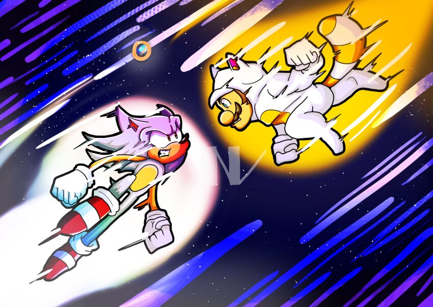 2boys angry battle brown_hair clash dragonball_z face-to-face facial_hair flying full_body gloves highres mario mario_(series) multiple_boys mustache nintendo open_mouth raccoon_tail sega serious sonic_(series) sonic_the_hedgehog space super_mario_3d_land tail tanooki_mario