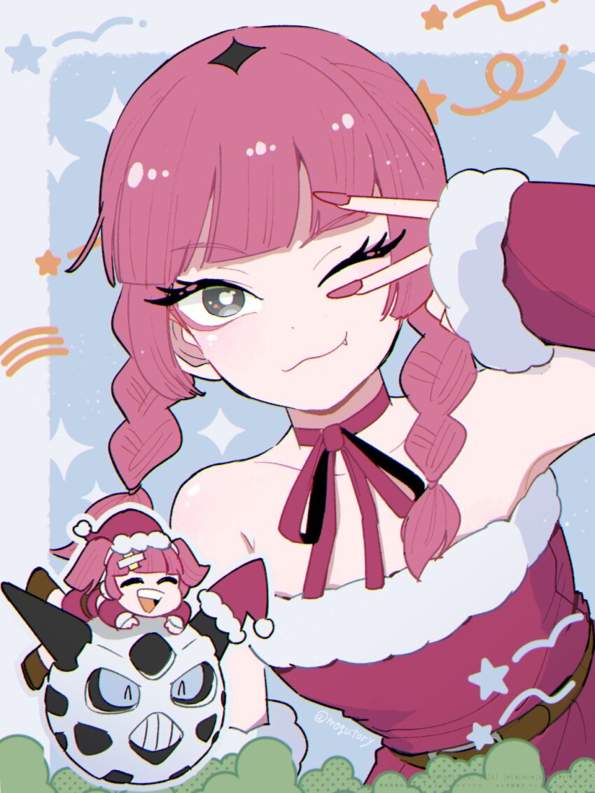 1girl bare_shoulders blush christmas closed_eyes closed_mouth coral_(pokemon) dress eyelashes fang fur-trimmed_dress fur_trim gen_3_pokemon glalie grey_eyes hair_ornament hat highres looking_at_viewer mogutory nintendo one_eye_closed open_mouth pink_hair pokemon pokemon_(anime) pokemon_horizons red_hat santa_costume santa_dress santa_hat sleeveless smile twintails