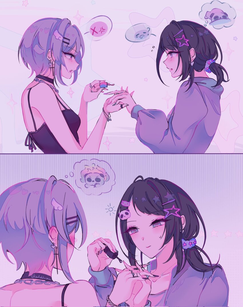 2girls adoblvone applying_manicure bang_dream! bang_dream!_it&#039;s_mygo!!!!! black_camisole black_choker black_hair black_nails blue_scrunchie blush bracelet camisole choker closed_mouth commentary earrings english_commentary hair_ornament hair_scrunchie hairclip heart heart_earrings highres holding_hands interlocked_fingers jewelry multiple_girls multiple_rings nail_polish nail_polish_brush panda_hair_ornament pink_eyes purple_theme ring scrunchie sweatdrop yahata_umiri yuri yuutenji_nyamu