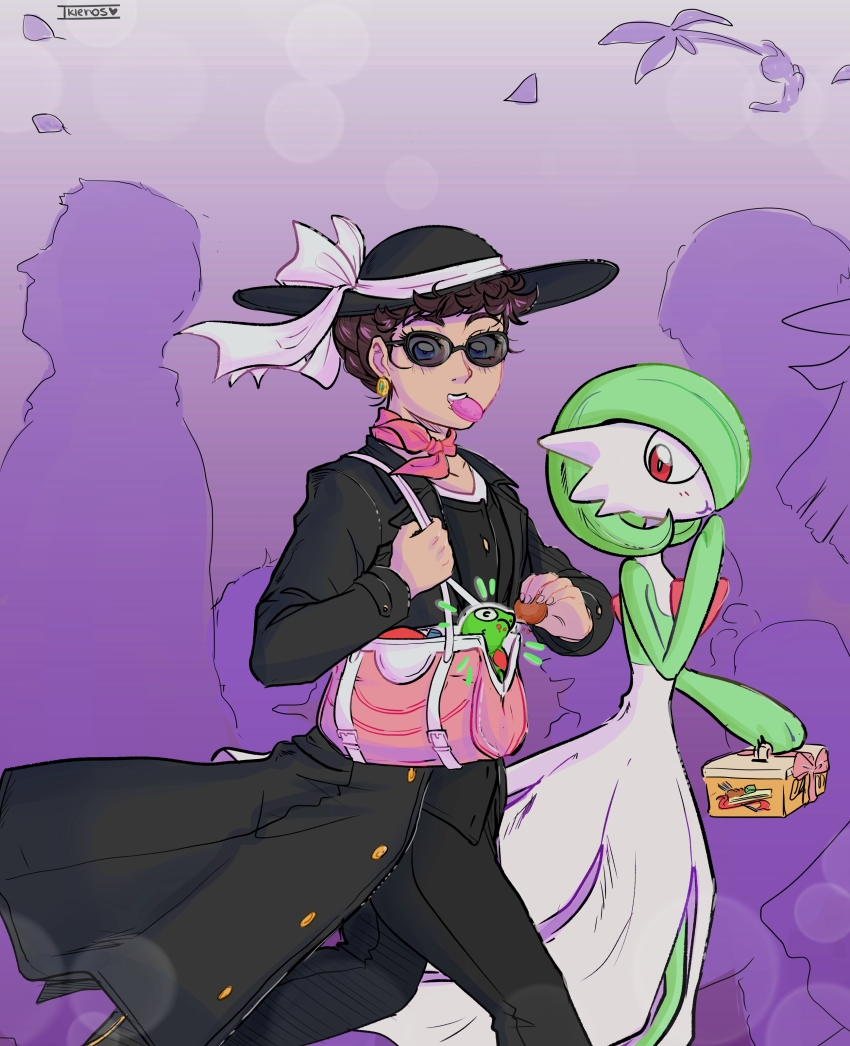 2girls absurdres artist_name bag black_coat black_hat black_pants bob_cut brown_hair coat colored_skin crowd diantha_(pokemon) dress earrings eating food_in_mouth gardevoir gen_3_pokemon gen_6_pokemon green_hair green_skin handbag hat highres jewelry legendary_pokemon looking_at_viewer multicolored_skin multiple_girls nintendo niosklastenos pants pink_eyes pink_scarf pokemon pokemon_(anime) pokemon_(creature) pokemon_xy_(anime) purple_background scarf smile sunglasses two-tone_skin white_dress white_skin zygarde zygarde_cell