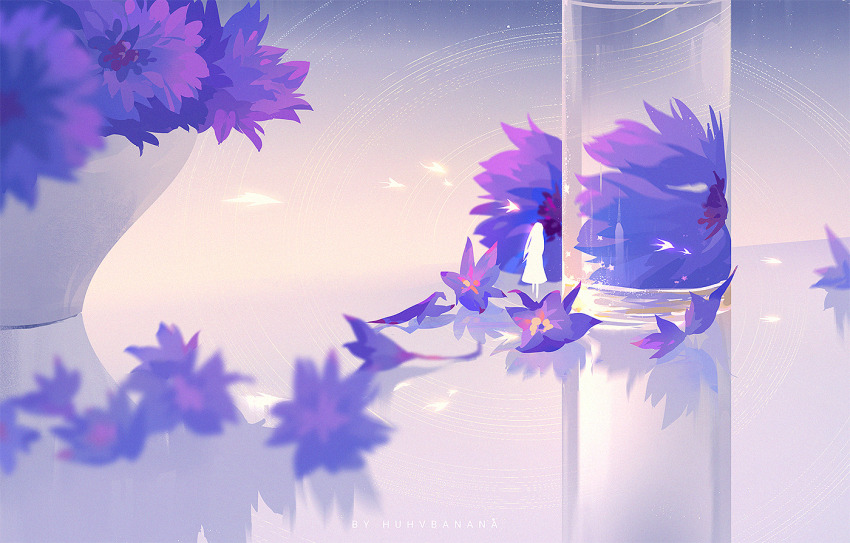artist_name blurry flower huhv. no_humans original plant purple_flower reflection scenery shadow sky solo water watermark