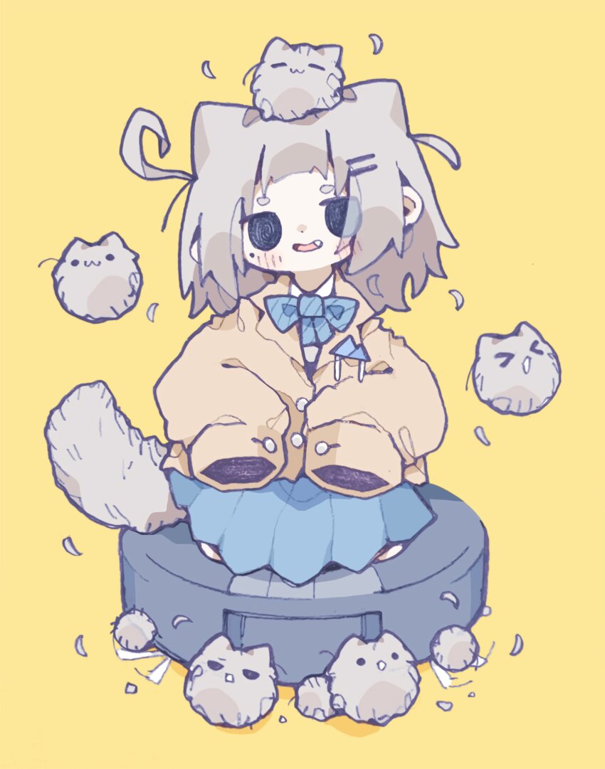&gt;_&lt; :3 @_@ absurdres blue_bow blue_skirt bow bowtie buttons collared_jacket eyes_visible_through_hair facing_viewer fang grey_hair hair_ears highres jacket long_sleeves messy_hair nikamoka open_mouth original robotic_vacuum_cleaner simple_background skirt sleeves_past_fingers sleeves_past_wrists solo tail wing_collar yellow_background yellow_jacket