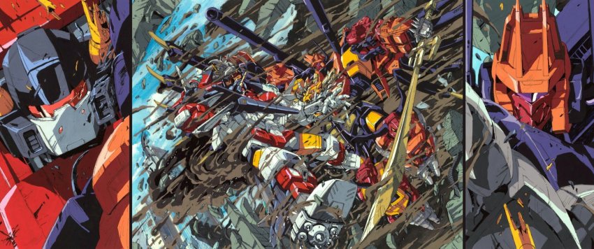 1980s_(style) 2boys arm_cannon autobot battle broken cannon clenched_hands commentary damaged decepticon duel fighting glowing gun highres holding holding_gun holding_sword holding_weapon horns machinery marble-v mecha mechabare mechanical_wings multiple_boys no_humans oldschool predaking_(transformers) purple_eyes red_eyes retro_artstyle robot science_fiction smoke superion sword transformers translation_request visor weapon wings