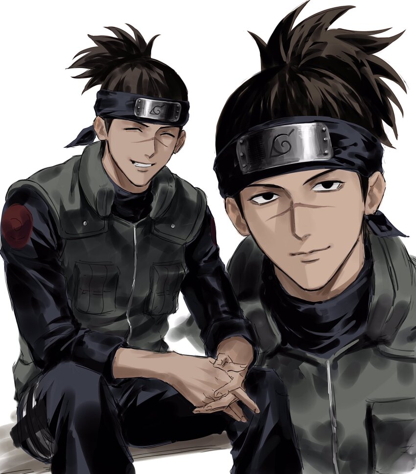 1boy black_eyes brown_hair closed_eyes flak_jacket forehead_protector green_jacket high_ponytail highres jacket konohagakure_shinobi_uniform konohagakure_symbol light_smile looking_at_viewer male_focus naruto_(classic) naruto_(series) own_hands_clasped own_hands_together ponytail scar scar_on_face scar_on_nose short_hair simple_background sitting smile solo sso_s umino_iruka white_background
