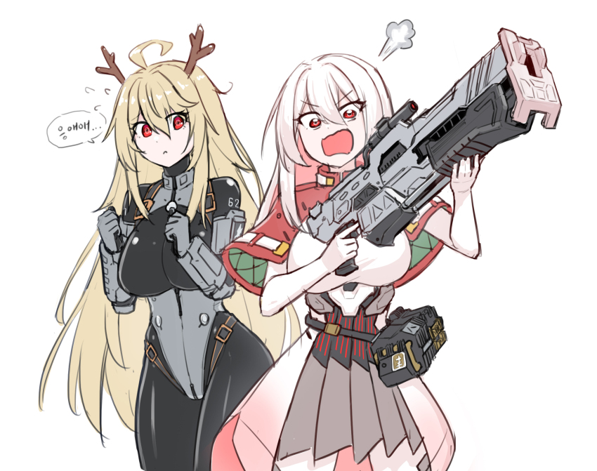 2girls 621_(armored_core_vi) ahoge angry antlers armored_core armored_core_vi:_fires_of_rubicon ayre_(armored_core_vi) blonde_hair commentary flying_sweatdrops gun highres horns long_hair maxilax mecha_pilot_suit multiple_girls personification plugsuit_(evangelion) red_eyes reindeer_antlers santa_costume translated very_long_hair weapon white_background white_hair