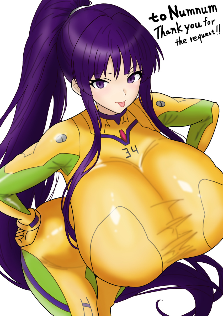 1girl absurdres breasts commission commissioner_name eiken hand_on_own_hip highres huge_breasts impossible_clothes long_hair long_sidelocks looking_at_viewer mecha_pilot_suit misono_kirika neon_genesis_evangelion plugsuit_(evangelion) ponytail purple_eyes purple_hair sidelocks skeb_commission solo stretch_marks tongue tongue_out tucv5345 very_long_hair very_long_sidelocks