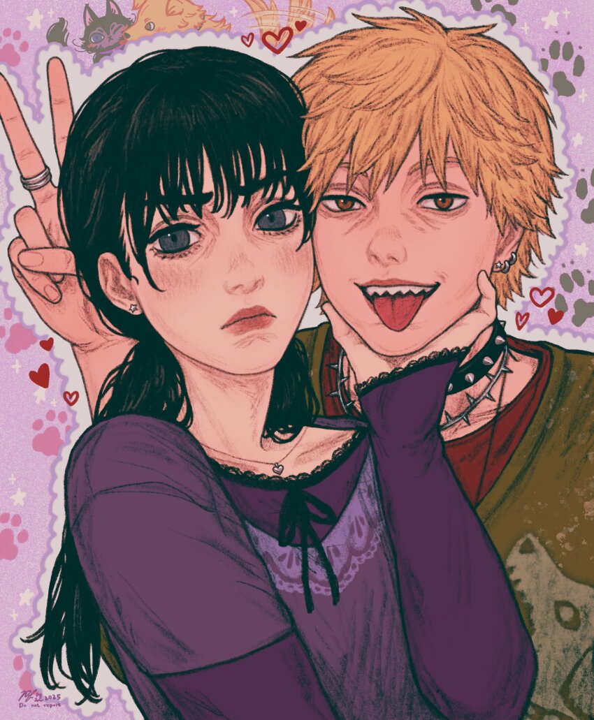 1boy 1girl animalization black_eyes black_hair blonde_hair brown_eyes cat chainsaw_man closed_mouth collar denji_(chainsaw_man) dog ear_piercing earrings green_shirt heart highres jewelry long_hair looking_at_viewer low_twintails mitaka_asa person_and_animalization piercing pumpkingface purple_shirt ring sharp_teeth shirt short_hair spiked_collar spikes star_(symbol) star_earrings teeth tongue tongue_out twintails v
