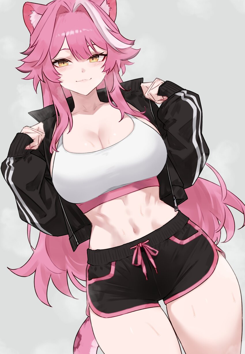 1girl :3 absurdres alternate_costume animal_ear_fluff animal_ears black_jacket black_shorts bluefield breasts center-flap_bangs cleavage commentary dolphin_shorts english_commentary grey_background highres hololive hololive_english jacket large_breasts long_hair looking_at_viewer midriff multicolored_hair navel open_clothes open_jacket panther_ears panther_girl panther_tail pink_hair raora_panthera short_shorts shorts sidelocks simple_background solo sports_bra streaked_hair tail thigh_gap track_jacket very_long_hair virtual_youtuber white_hair white_sports_bra yellow_eyes