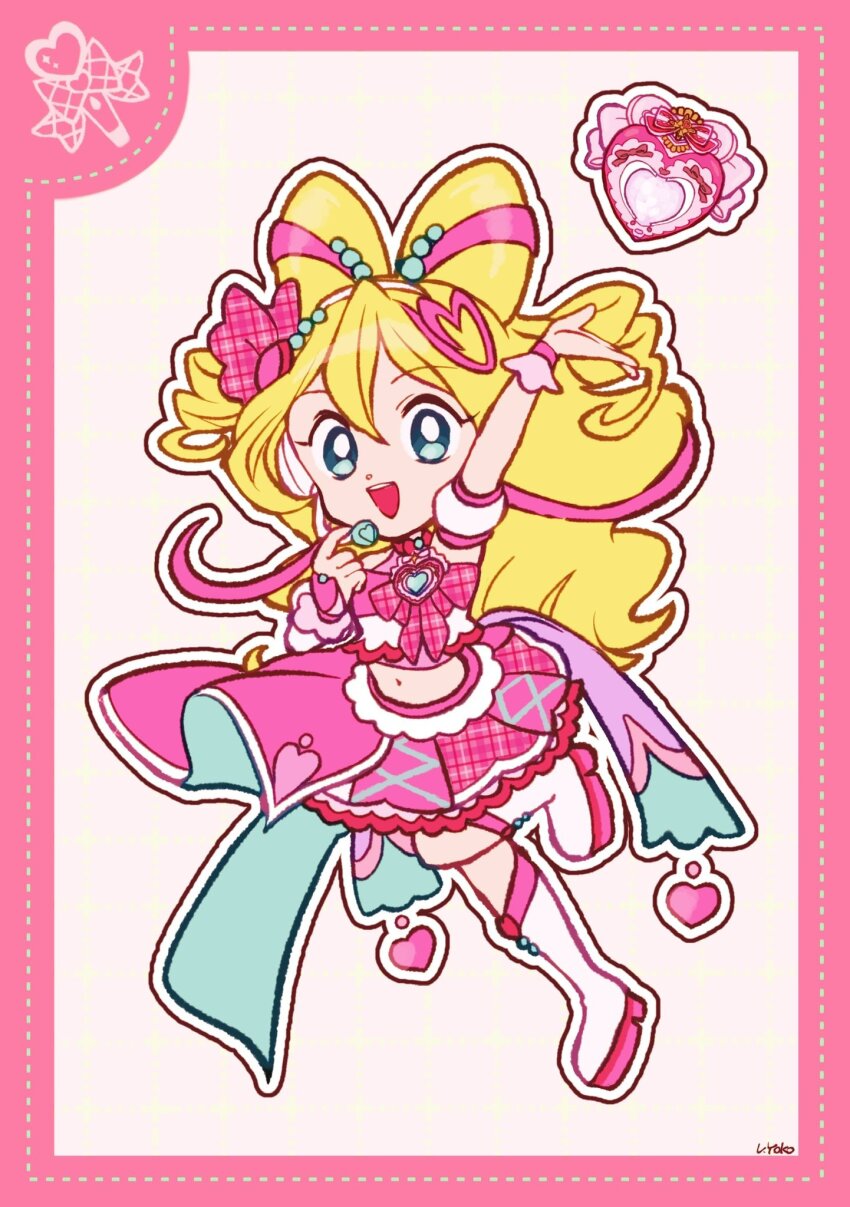 1girl argyle_clothes argyle_skirt arm_up bare_shoulders beads blonde_hair blue_eyes boots border bow bow-shaped_hair bow_choker bowtie bridal_gauntlets brooch choker circle_skirt crop_top cure_idol deformed detached_sleeves dot_nose dotted_line drill_hair eyelashes frilled_skirt frilled_sleeves frills grid_background hair_beads hair_between_eyes hair_bow hair_ornament hair_ribbon hairband hairclip happy headset heart heart_brooch heart_hair_ornament high_heel_boots high_heels highres jewelry kimi_to_idol_precure knee_boots layered_skirt leg_up long_hair looking_at_viewer magical_girl midriff miniskirt navel open_mouth outline pink_border pink_bow pink_bowtie pink_bridal_gauntlets pink_ribbon pink_shirt pink_skirt plaid_bow plaid_bowtie plaid_clothes plaid_skirt pleated_skirt precure puffy_short_sleeves puffy_sleeves red_bow red_choker ribbon sakura_uta_(precure) shirt short_sleeves signature skirt sleeveless sleeveless_shirt smile solo standing tareme teeth twin_drills unmoving_pattern upper_teeth_only uwded_207 very_long_hair wavy_hair white_background white_border white_hairband white_outline white_sleeves
