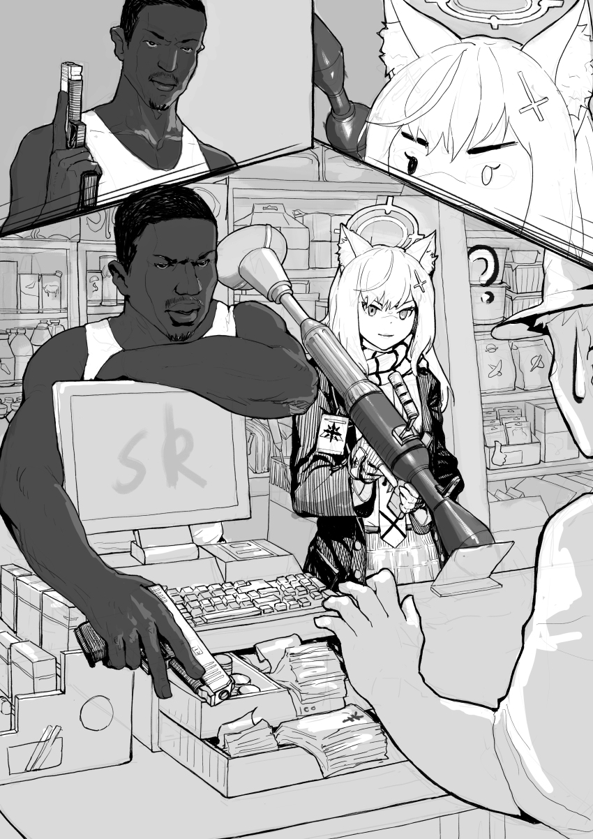 1girl 2boys ? absurdres animal_ear_fluff animal_ears banknote blue_archive carl_johnson cbking computer_keyboard convenience_store cross_hair_ornament crossover dark-skinned_male dark_skin grand_theft_auto grand_theft_auto:_san_andreas greyscale gun hair_ornament halo handgun highres holding holding_gun holding_rocket_launcher holding_weapon indoors money monitor monochrome multiple_boys robbery rocket_launcher school_uniform shiroko_(blue_archive) shop short_hair standing tank_top weapon wolf_ears