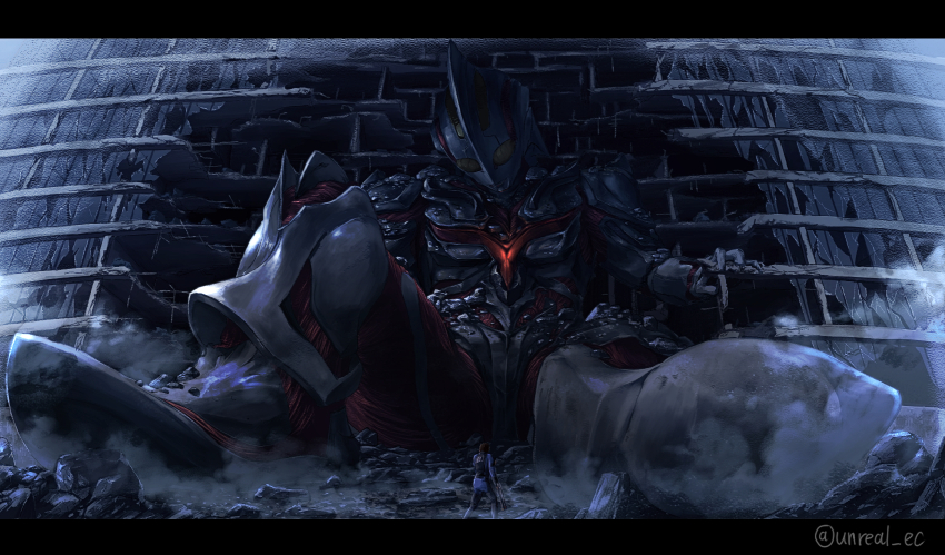 1boy 1other alien ambiguous_gender armor broken_glass building chest_jewel debris defeat destruction dust giant glass gun highres military rubble seijin signature superhero_costume tsuburaya_productions ultra_series ultraman:_the_next ultraman_the_next unreal_ec weapon window yellow_eyes