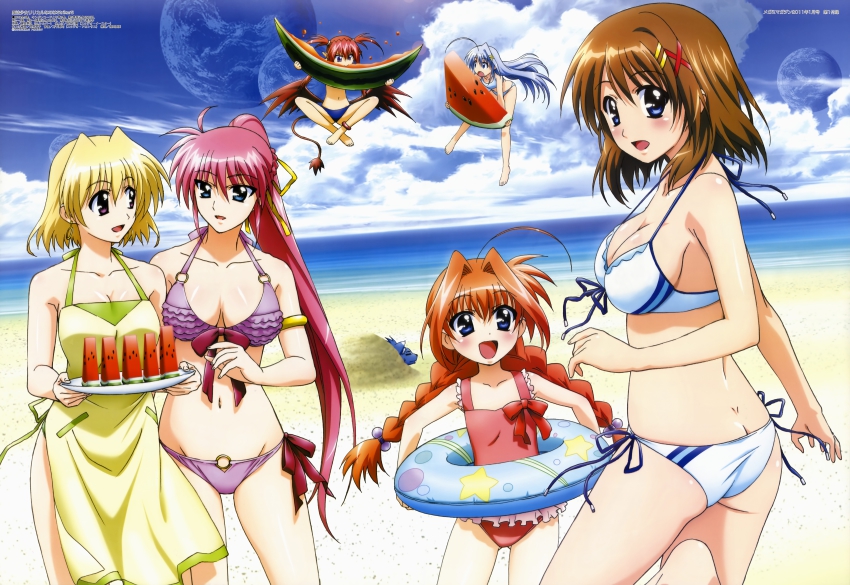 00s 6+girls :d :o absurdres agito agito_(nanoha) ahoge apron ass barefoot beach bikini blonde_hair blue_eyes blush braid breasts brown_hair butt_crack casual_one-piece_swimsuit cleavage cloud day food frilled_one-piece_swimsuit frilled_swimsuit frills front-tie_top fruit hair_ornament hair_ribbon hairclip highres innertube long_hair looking_back lyrical_nanoha mahou_shoujo_lyrical_nanoha mahou_shoujo_lyrical_nanoha_strikers medium_breasts megami_magazine mini_person minigirl moon multiple_girls multiple_moons navel nearly_naked_apron non-web_source ocean official_art okuda_yasuhiro one-piece_swimsuit open_mouth outdoors pink_hair ponytail red_eyes reinforce_zwei ribbon shamal short_hair short_twintails side-tie_bikini_bottom sideboob signum silver_hair sky smile swim_ring swimsuit tail twin_braids twintails very_long_hair vita_(nanoha) water watermelon x_hair_ornament yagami_hayate zafira