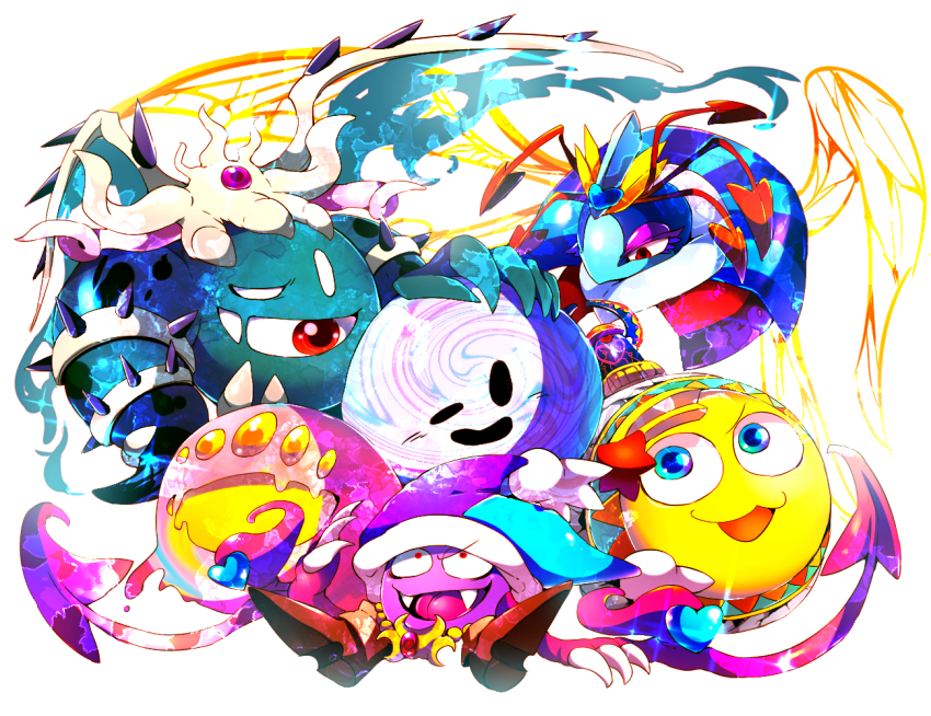 armlet black_eyes blue_eyes blue_headwear boots brown_footwear claws commentary_request crown demon_wings drawcia drawcia_soul extra_eyes fangs fur-trimmed_headwear fur_trim gold_necklace half-closed_eye hand_on_another&#039;s_head hat heart insect_wings jester_cap jewelry kirby_(series) magolor magolor_soul marx_(kirby) marx_soul master_crown necklace nintendo no_humans open_mouth pointy_footwear pom_pom_(clothes) purple_headwear queen_sectonia red_eyes red_wings shirushiki shooting_star_(symbol) sitting smile solid_oval_eyes soul_of_sectonia spiked_armlet star_dream trait_connection two-tone_headwear v-shaped_eyebrows void_soul void_termina white_background white_eyes white_headwear wings yellow_eyes