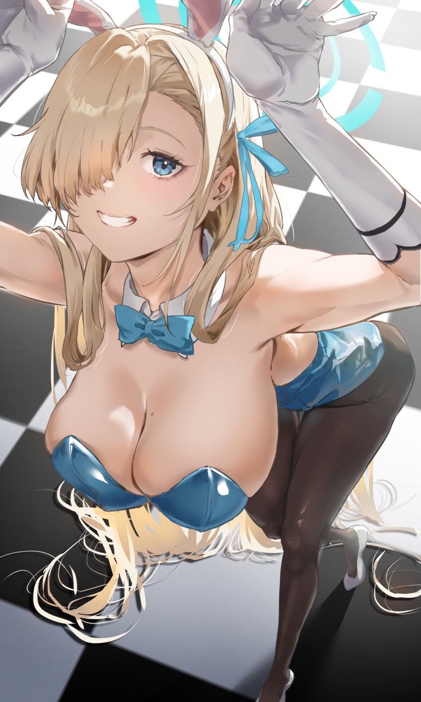 1girl absurdres animal_ear_hairband animal_ears asuna_(blue_archive) asuna_(bunny)_(blue_archive) bare_shoulders black_pantyhose blonde_hair blue_archive blue_bow blue_bowtie blue_eyes blue_halo blue_leotard bow bowtie breasts cleavage detached_collar fake_animal_ears gloves grin hair_over_one_eye hairband halo highres knees_together_feet_apart kuu_(user_gngs5284) large_breasts legs leotard long_hair looking_at_viewer mole mole_on_breast pantyhose rabbit_ear_hairband rabbit_ears rabbit_pose shoes smile solo strapless strapless_leotard very_long_hair white_gloves white_shoes
