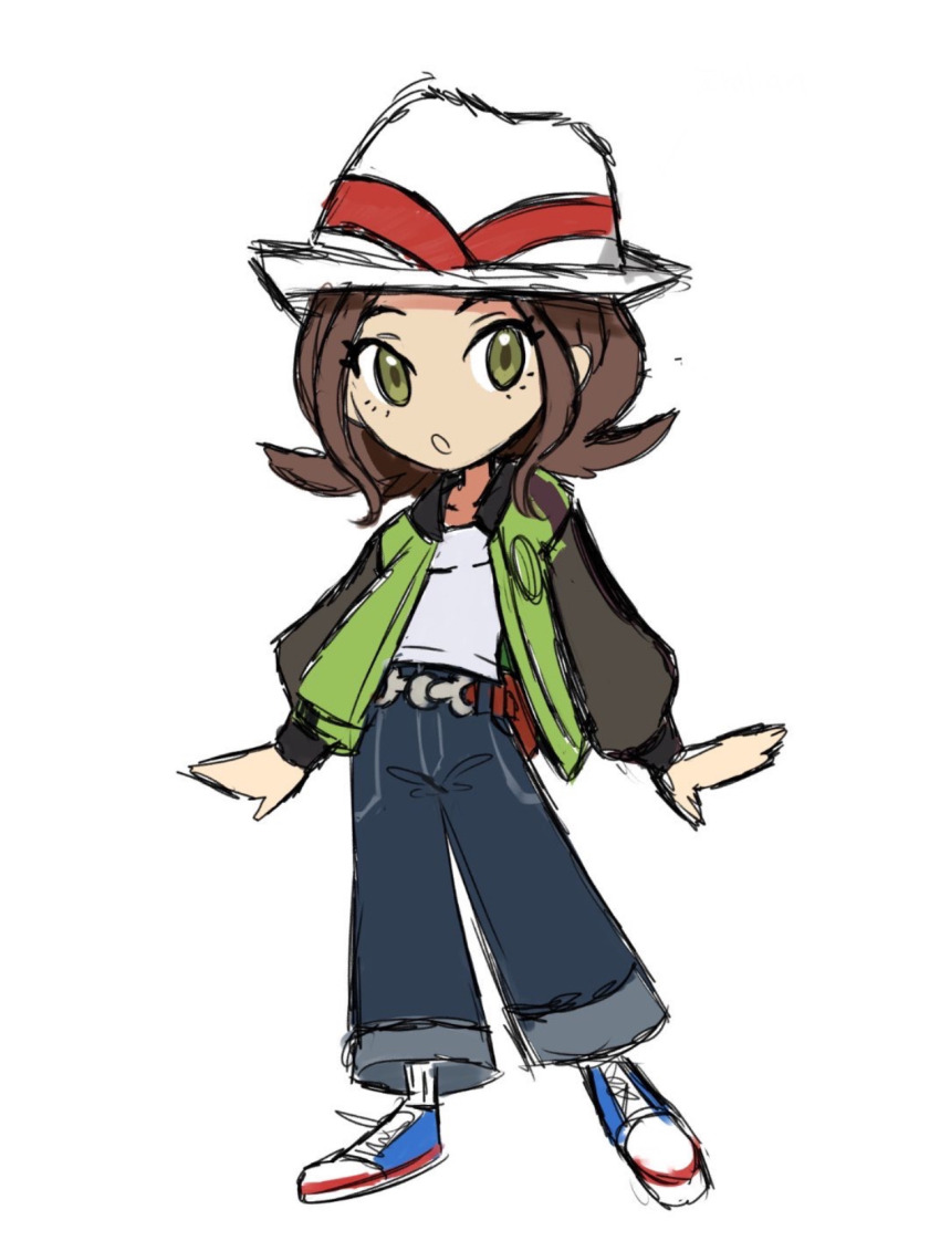 1girl :o blue_pants blue_shoes brown_hair chibi commentary constarlations english_commentary eyelashes full_body green_eyes harmony_(pokemon) hat highres jacket long_sleeves medium_hair nintendo open_clothes open_jacket open_mouth pants pokemon pokemon_legends:_z-a shirt shoes simple_background solo standing white_background white_hat