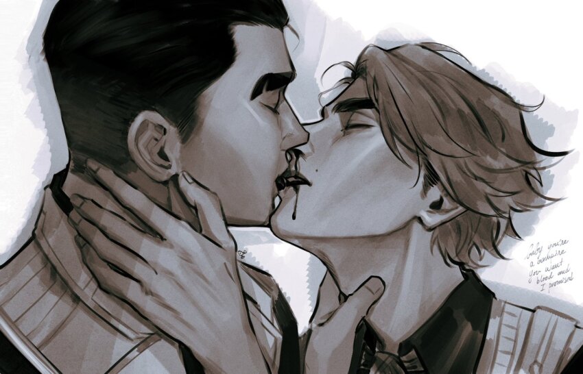 2boys adam&#039;s_apple arcane:_league_of_legends arcane_jayce blood blood_on_face blood_on_mouth closed_eyes collared_shirt commentary couple english_commentary greyscale hand_on_another&#039;s_neck jacket jayce_(league_of_legends) kiss lapels league_of_legends male_focus monochrome multiple_boys nosebleed open_mouth profile shirt short_hair sideburns teeth thick_eyebrows uatiorthnab upper_body upper_teeth_only vest viktor_(arcane) viktor_(league_of_legends) wavy_hair white_background yaoi