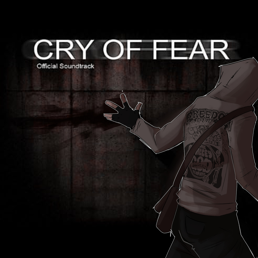 1boy absurdres bag black_gloves cry_of_fear english_text feet_out_of_frame fingerless_gloves from_behind gloves grey_hoodie highres hood hood_up hoodie just_karmx outline outstretched_hand parody print_hoodie shoulder_bag simon_henriksson smeared_blood solo title_parody walking white_outline