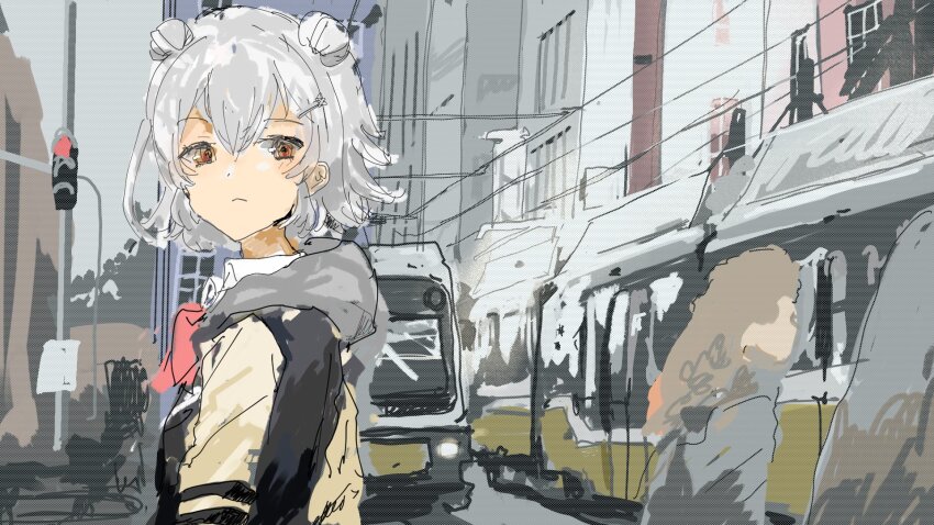 1girl :&lt; arms_at_sides black_jacket blush bow bowtie building cable_car cevio city closed_mouth collared_shirt commentary_request day double_bun grey_hair grey_hoodie hair_bun hair_ornament hairclip highres hood hood_down hoodie jacket kabuyama_kaigi koharu_rikka long_sleeves looking_at_viewer looking_back looking_to_the_side multicolored_jacket orange_eyes outdoors overhead_line people pink_bow pink_bowtie school_uniform shirt short_hair solo_focus synthesizer_v traffic_light two-tone_jacket urban white_shirt yellow_sleeves